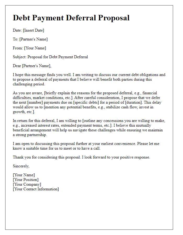 Letter template of Debt Payment Deferral Proposal for Partners