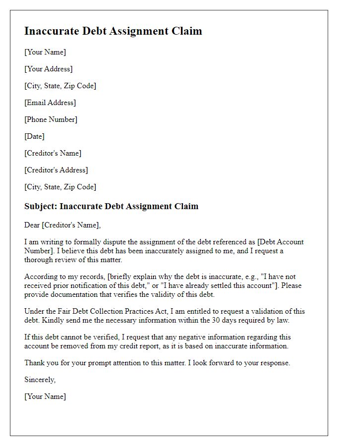 Letter template of correspondence for inaccurate debt assignment claim