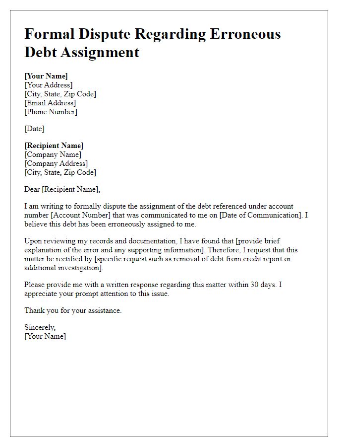 Letter template of formal dispute regarding erroneous debt assignment