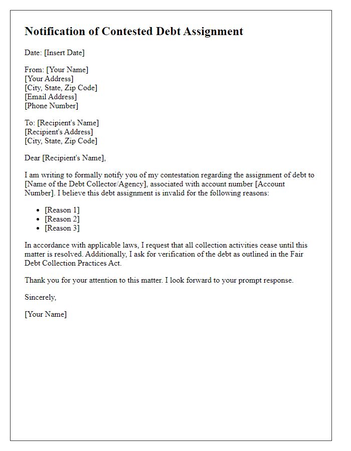 Letter template of notification for contested debt assignment