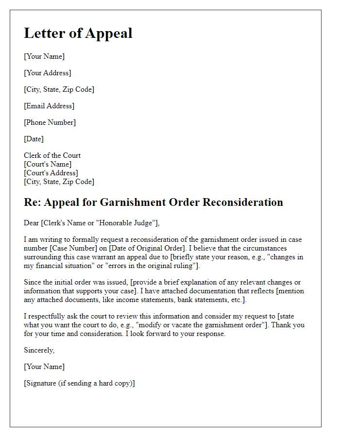 Letter template of appeal for garnishment court order reconsideration