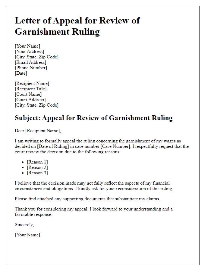 Letter template of appeal for review of garnishment ruling