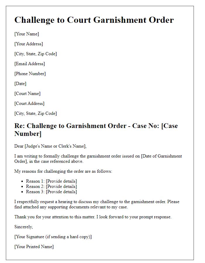 Letter template of challenge to court garnishment order