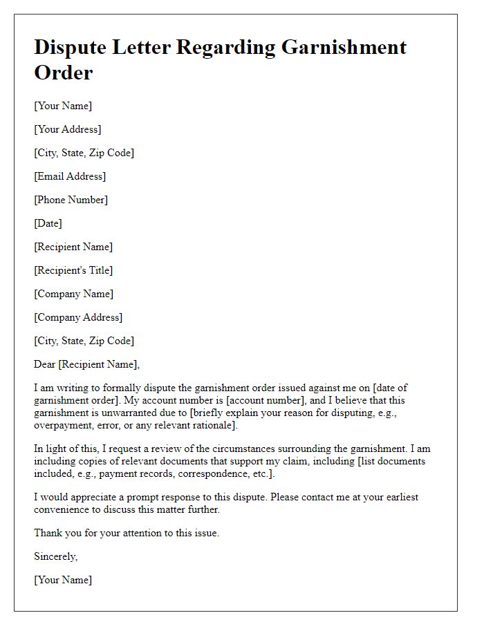 Letter template of dispute regarding garnishment order