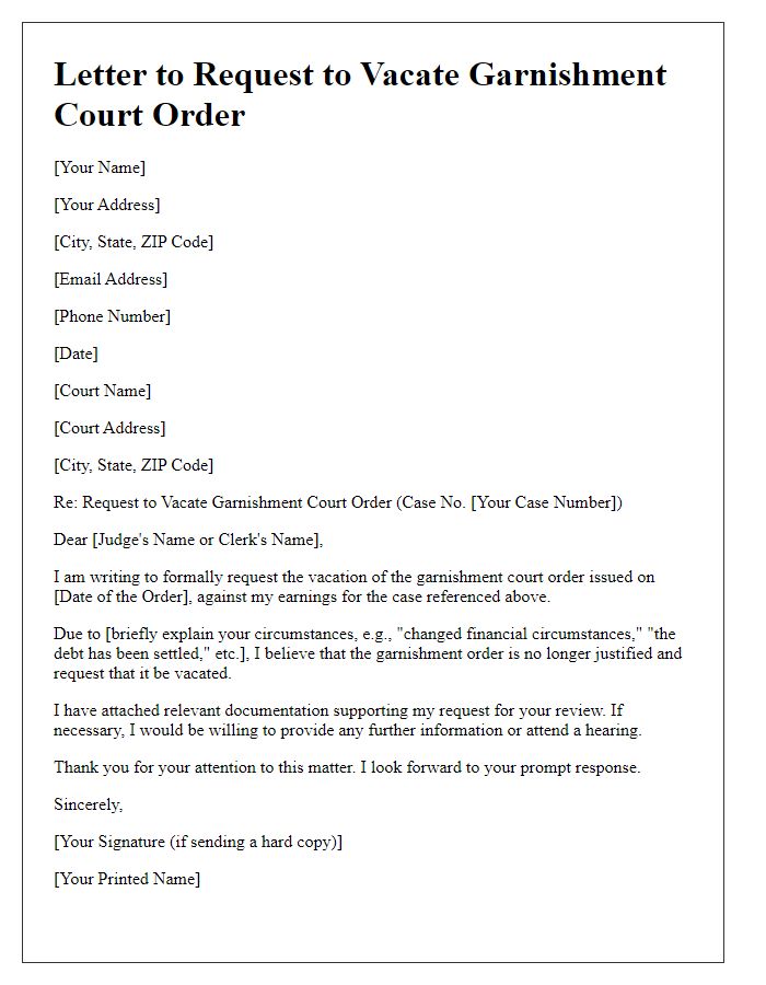 Letter template of request to vacate garnishment court order