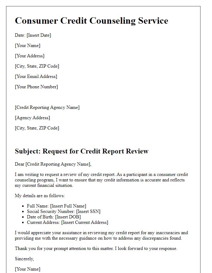 Letter template of consumer credit counseling service for a credit report review.