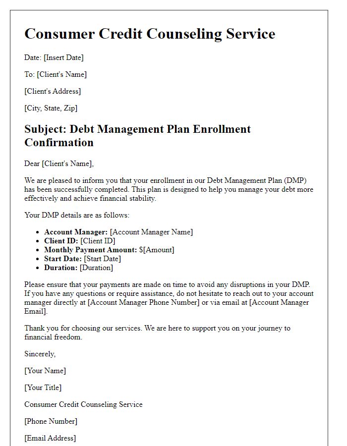 Letter template of consumer credit counseling service for debt management plan enrollment.