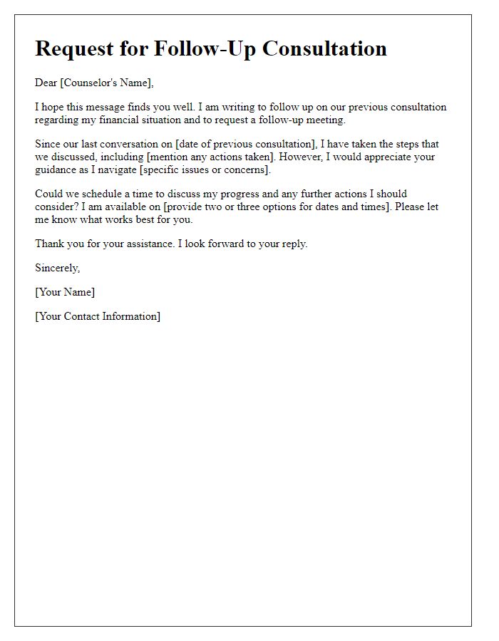 Letter template of consumer credit counseling service for follow-up consultation request.