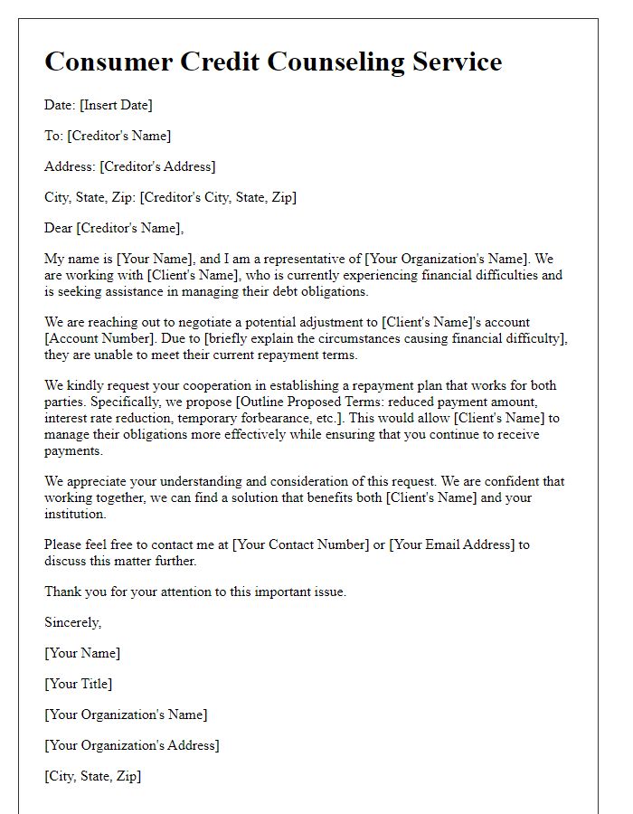 Letter template of consumer credit counseling service for negotiating with creditors.