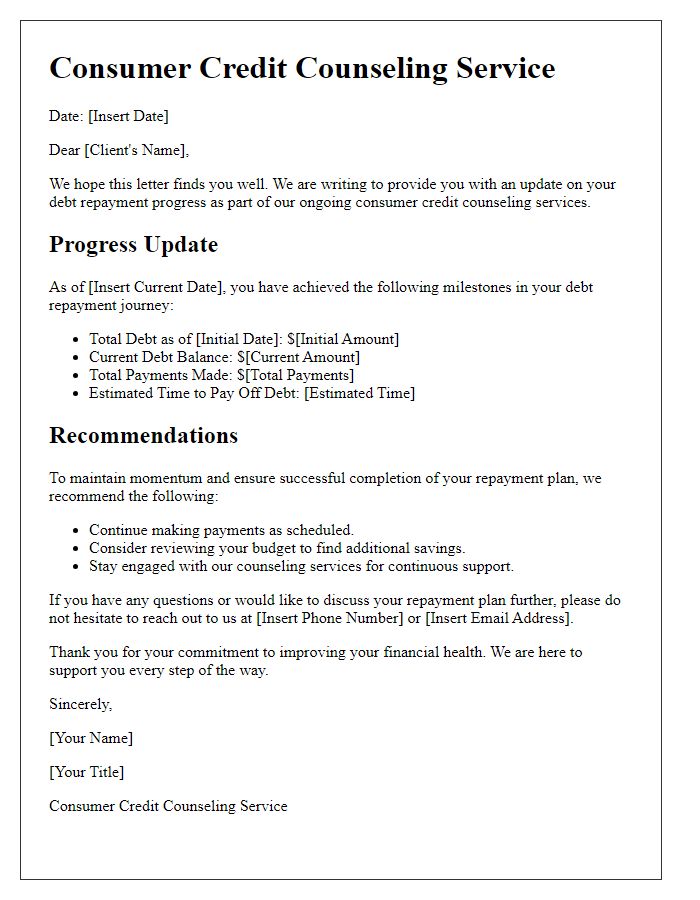 Letter template of consumer credit counseling service for progress update on debt repayment.