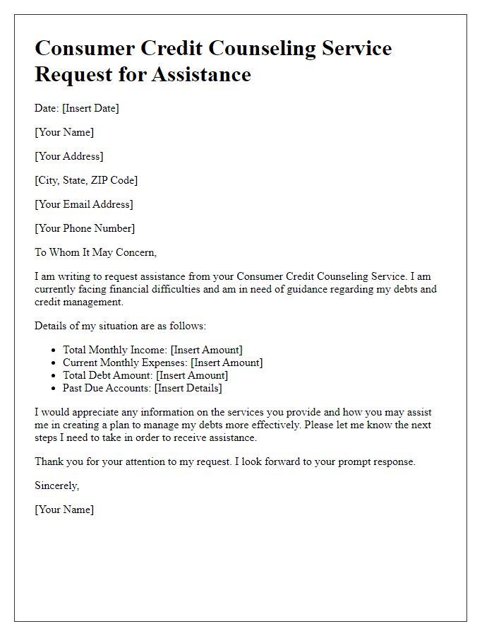 Letter template of consumer credit counseling service request for assistance.