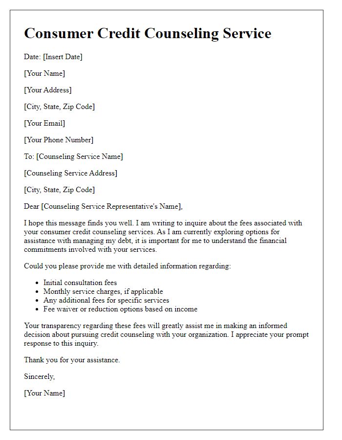 Letter template of consumer credit counseling service seeking information on fees.