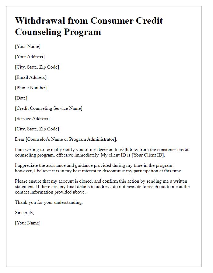 Letter template of consumer credit counseling service for withdrawal from a program.