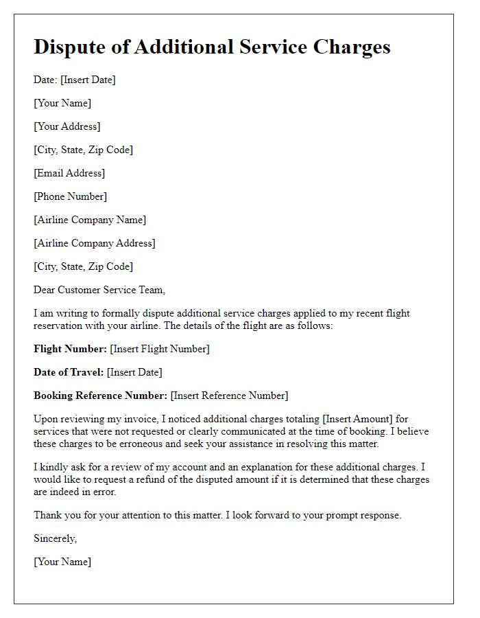 Letter template of airline charge dispute for additional service charges