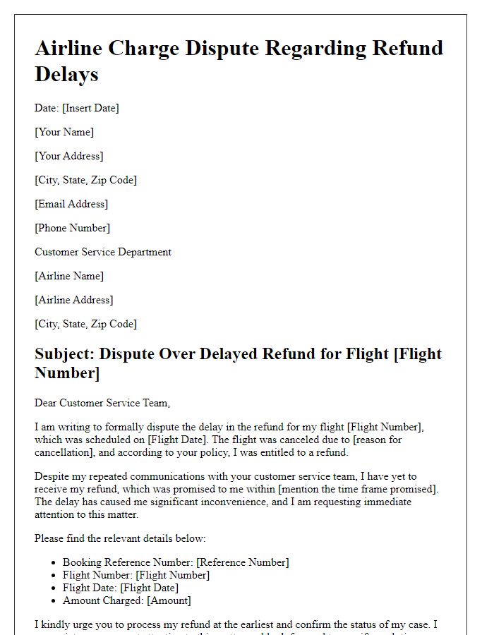 Letter template of airline charge dispute addressing refund delays