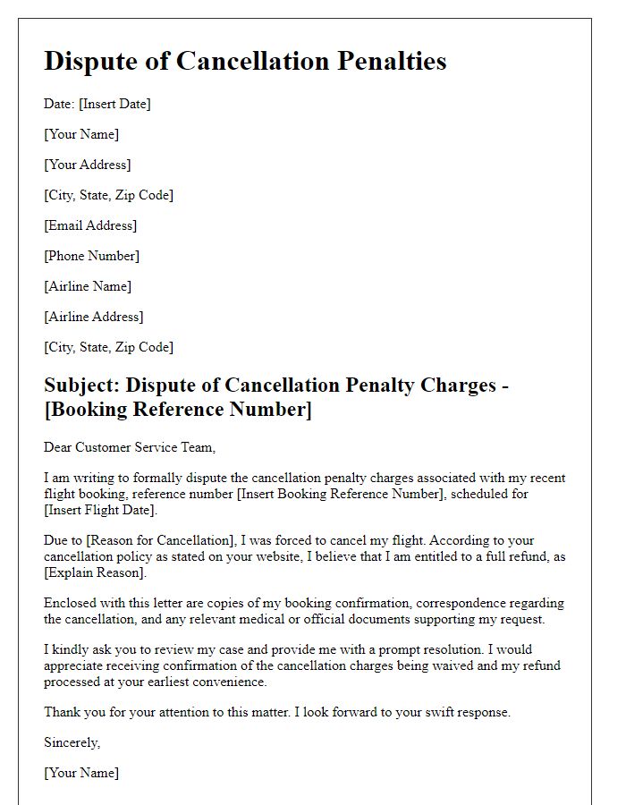 Letter template of airline charge dispute concerning cancellation penalties