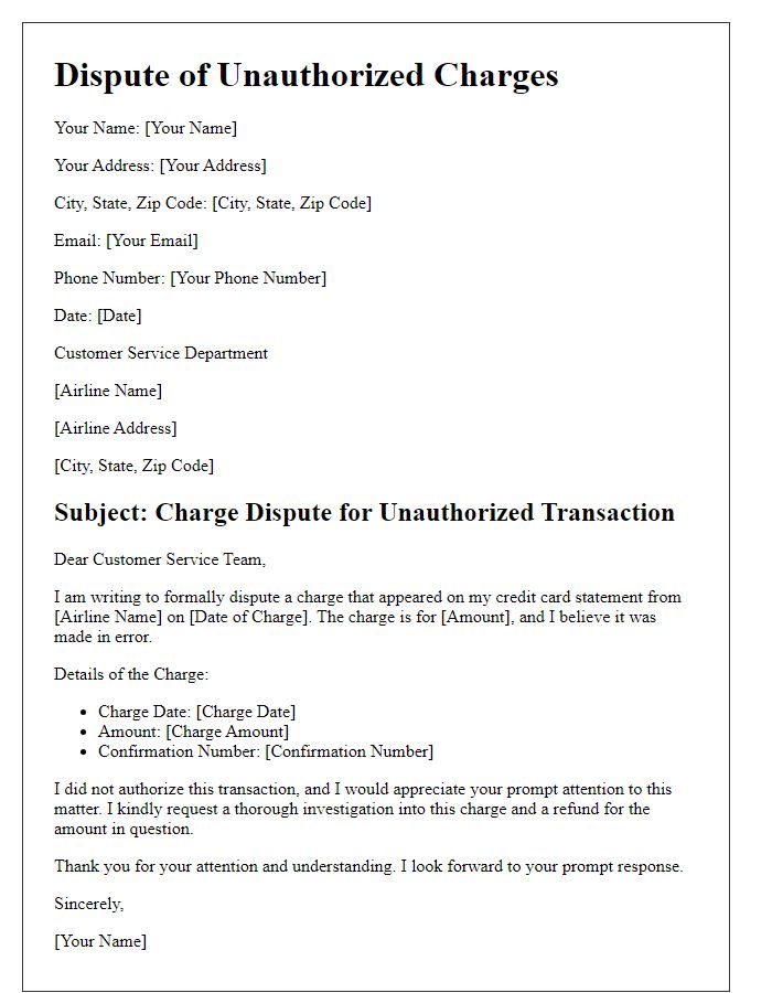 Letter template of airline charge dispute due to unauthorized charges