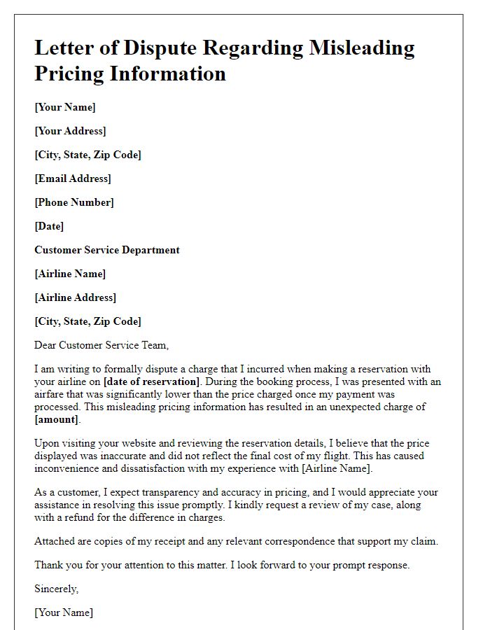 Letter template of airline charge dispute for misleading pricing information