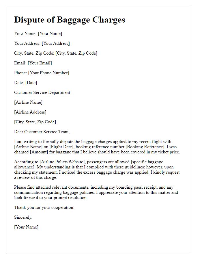 Letter template of airline charge dispute regarding baggage costs