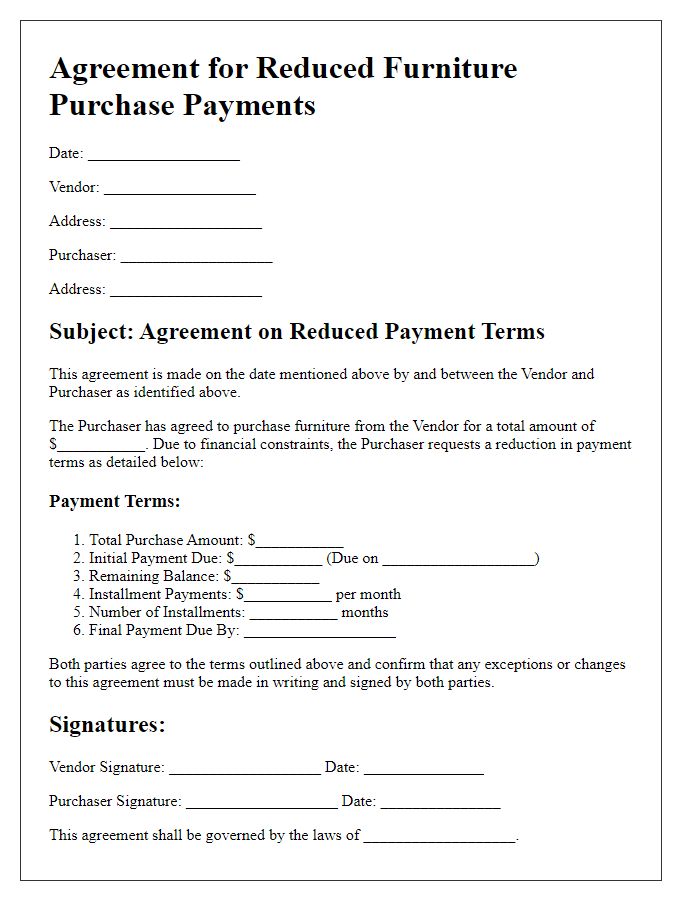 Letter template of agreement for reduced furniture purchase payments