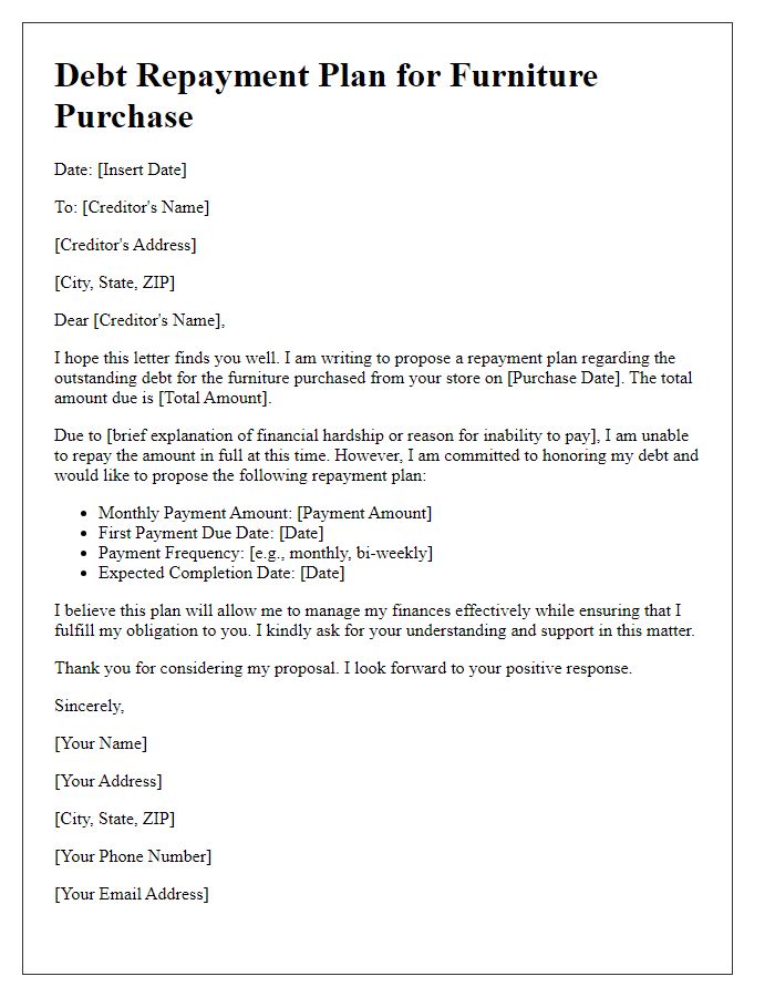 Letter template of furniture purchase debt repayment plan