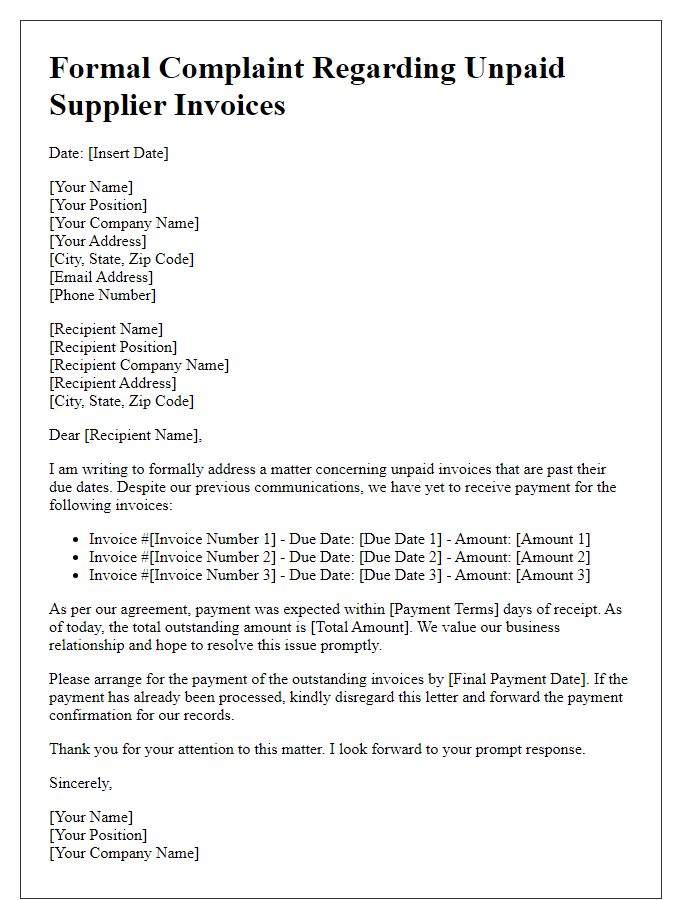 Letter template of formal complaint regarding unpaid supplier invoices