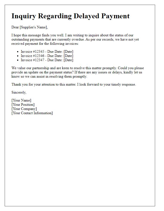 Letter template of inquiry about delayed supplier payments