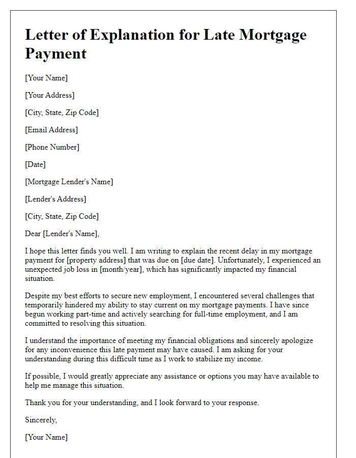 Letter template of explanation for late mortgage payment due to job loss