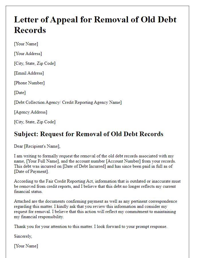 Letter template of appeal for removal of old debt records