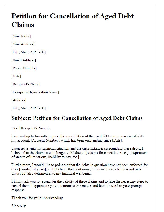 Letter template of petition for cancellation of aged debt claims