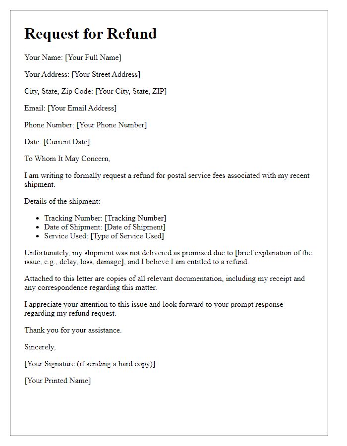 Letter template of postal service refund request.