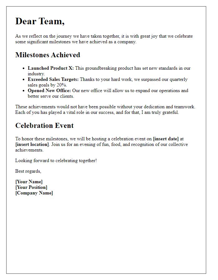 Letter template of celebrating key business milestones with employees.