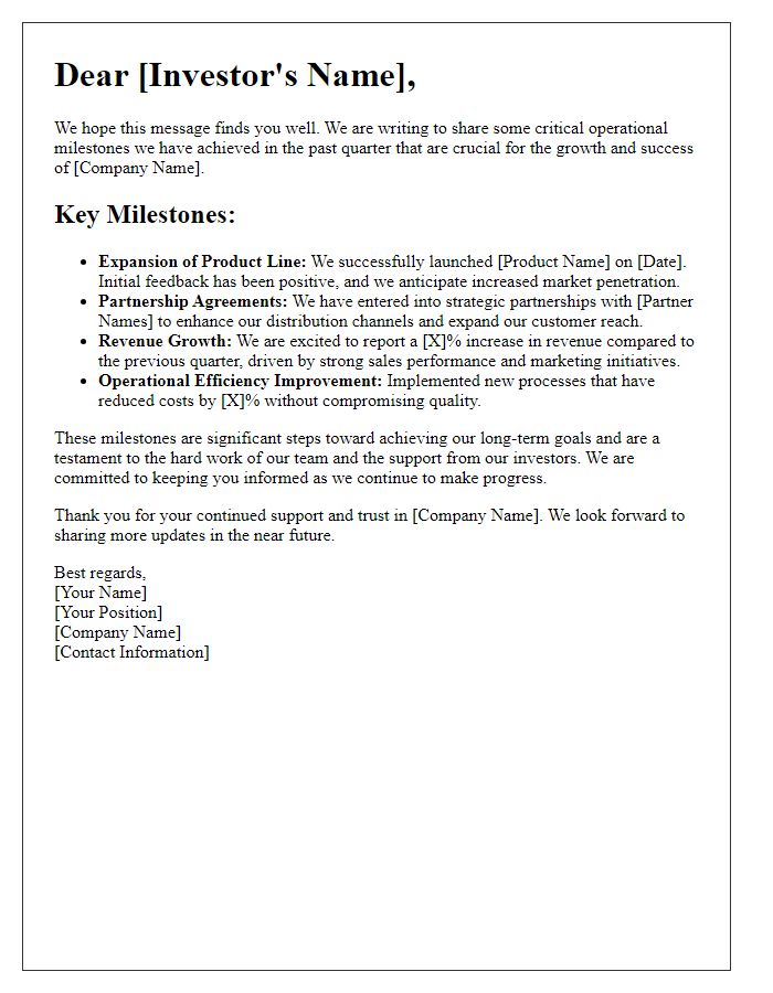 Letter template of communicating critical operational milestones to investors.