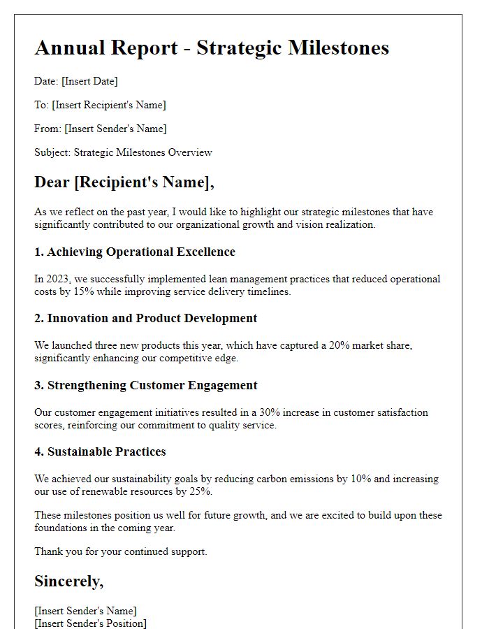 Letter template of detailing strategic milestones in annual reports.