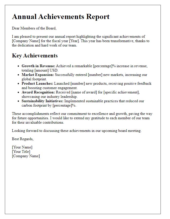 Letter template of highlighting annual company achievements to the board.