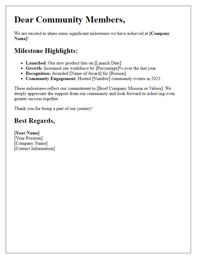 Letter template of informing community members about company milestones.