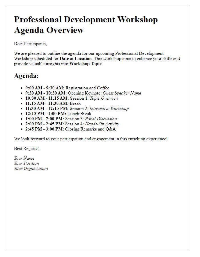 Letter template of agenda overview for an upcoming professional development workshop.