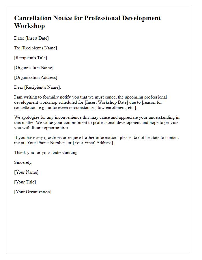 Letter template of cancellation notice for a professional development workshop.