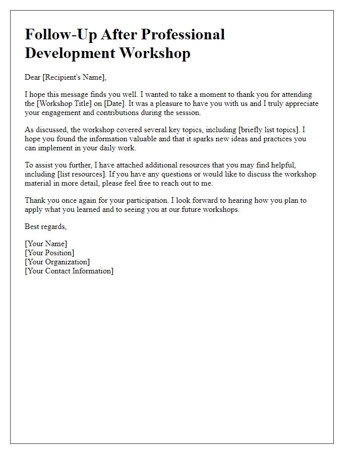 Letter template of follow-up after a professional development workshop.