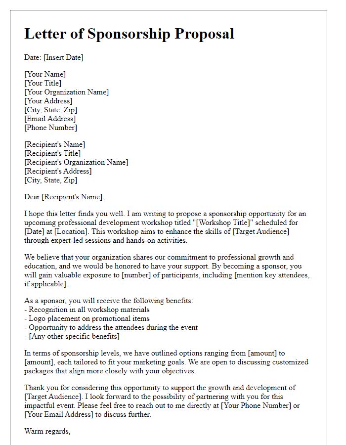 Letter template of sponsorship proposal for a professional development workshop.