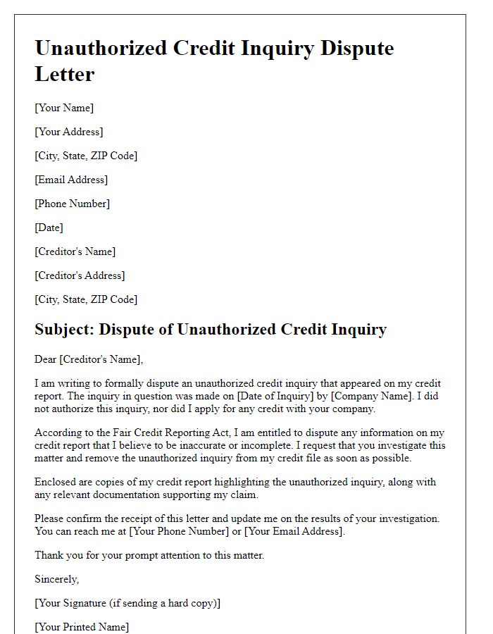 Letter template of unauthorized credit inquiry dispute for loan applications.