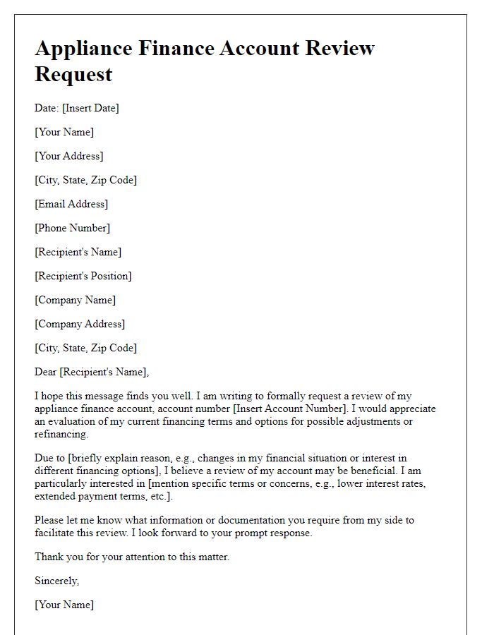 Letter template of appliance finance account review request.