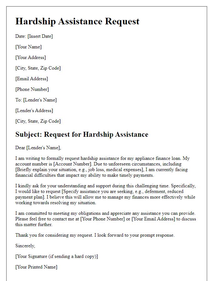 Letter template of appliance finance hardship assistance letter.