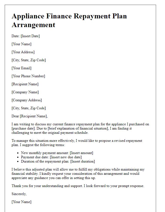 Letter template of appliance finance repayment plan arrangement.