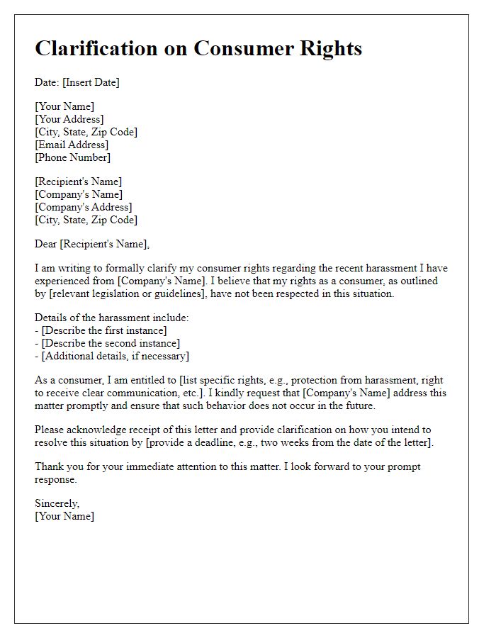 Letter template of clarification on consumer rights from harassment