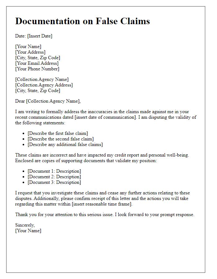 Letter template of documentation on false claims by collection agency