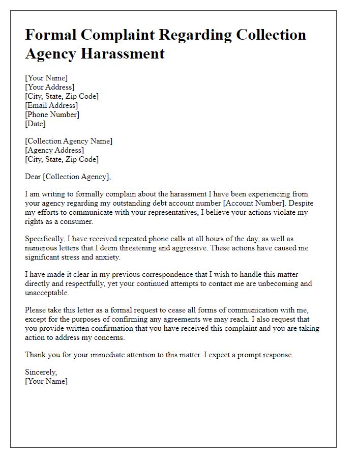 Letter template of formal complaint regarding collection agency harassment