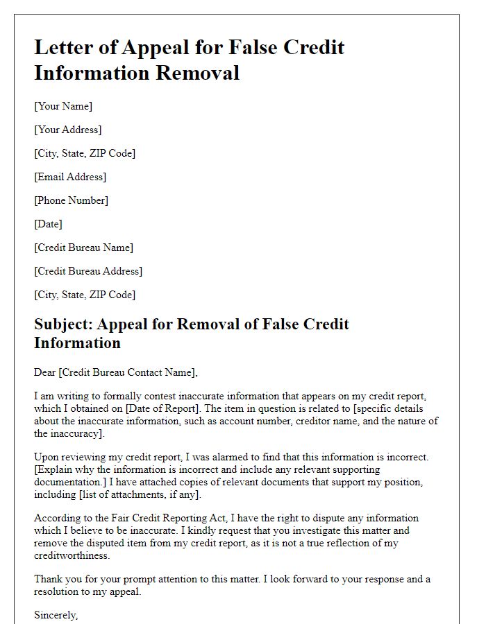 Letter template of appeal for false credit information removal