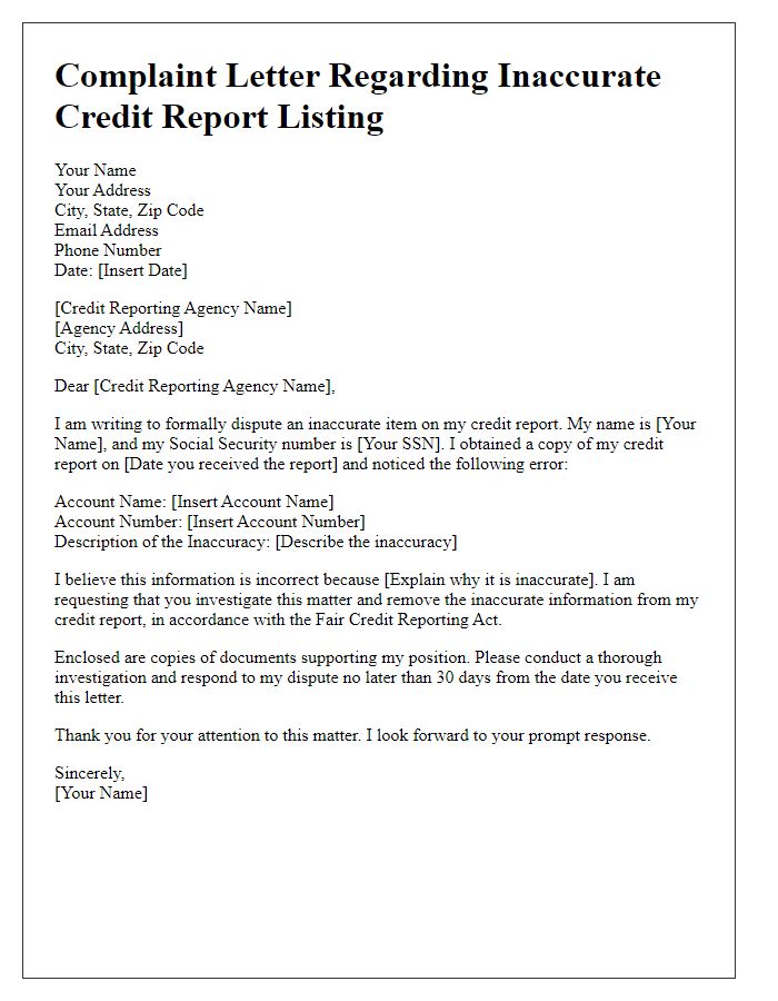 Letter template of complaint regarding inaccurate credit report listing