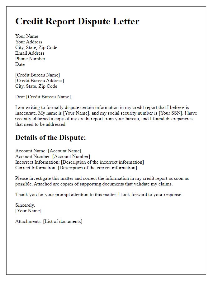 Letter template of credit report dispute for incorrect information